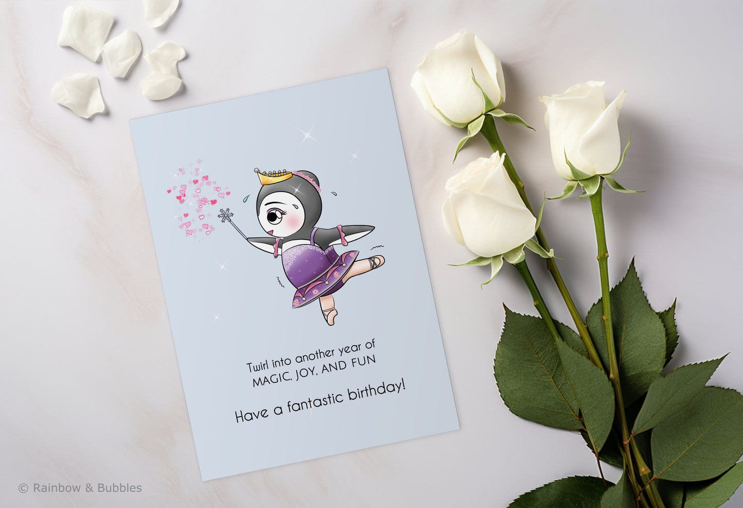 A kawaii birthday card from Rainbow & Bubbles, showing a ballerina penguin dancing and sprinkling magical fairy dust.