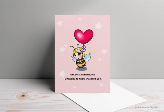 A kawaii greeting card from Rainbow & Bubbles, showing a bee holding a heart balloon.