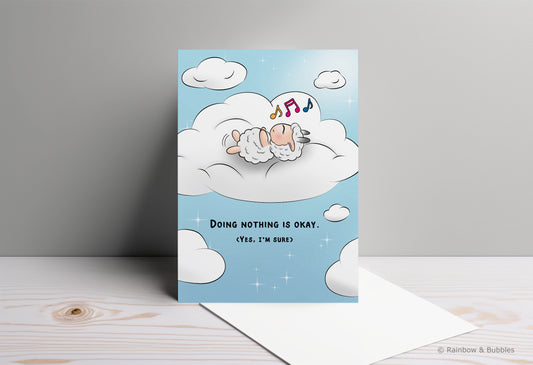 A kawaii greeting card from Rainbow & Bubbles, showing a sheep doing nothing, simply relaxing in a bed of cloud and humming his favorite tune.