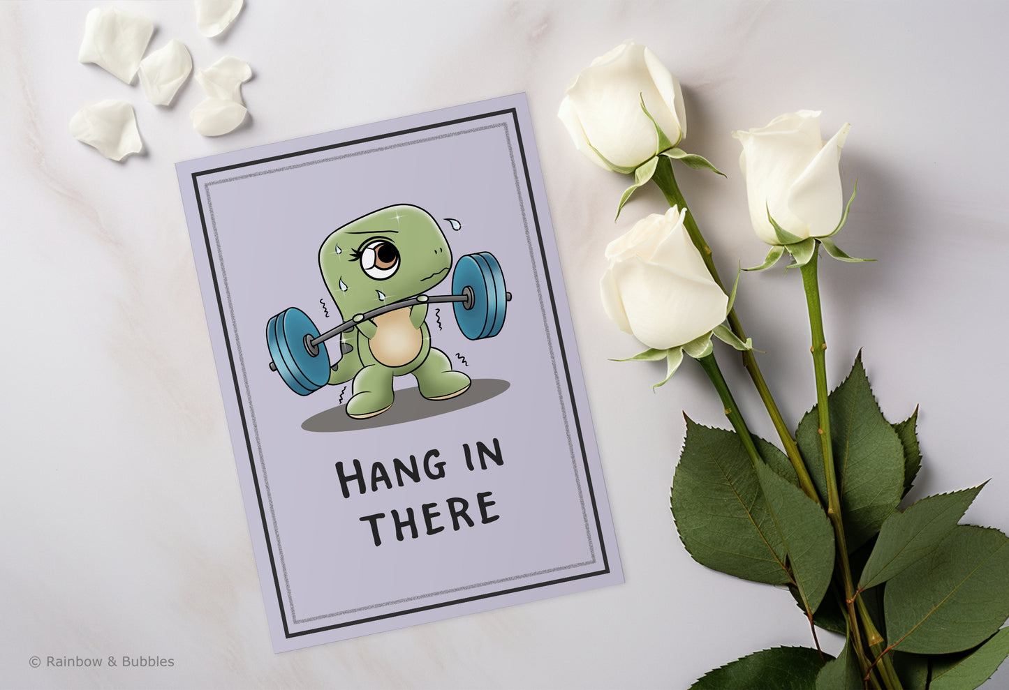 A kawaii greeting card from Rainbow & Bubbles, showing a t-rex struggling to lift weights with his tiny arms.