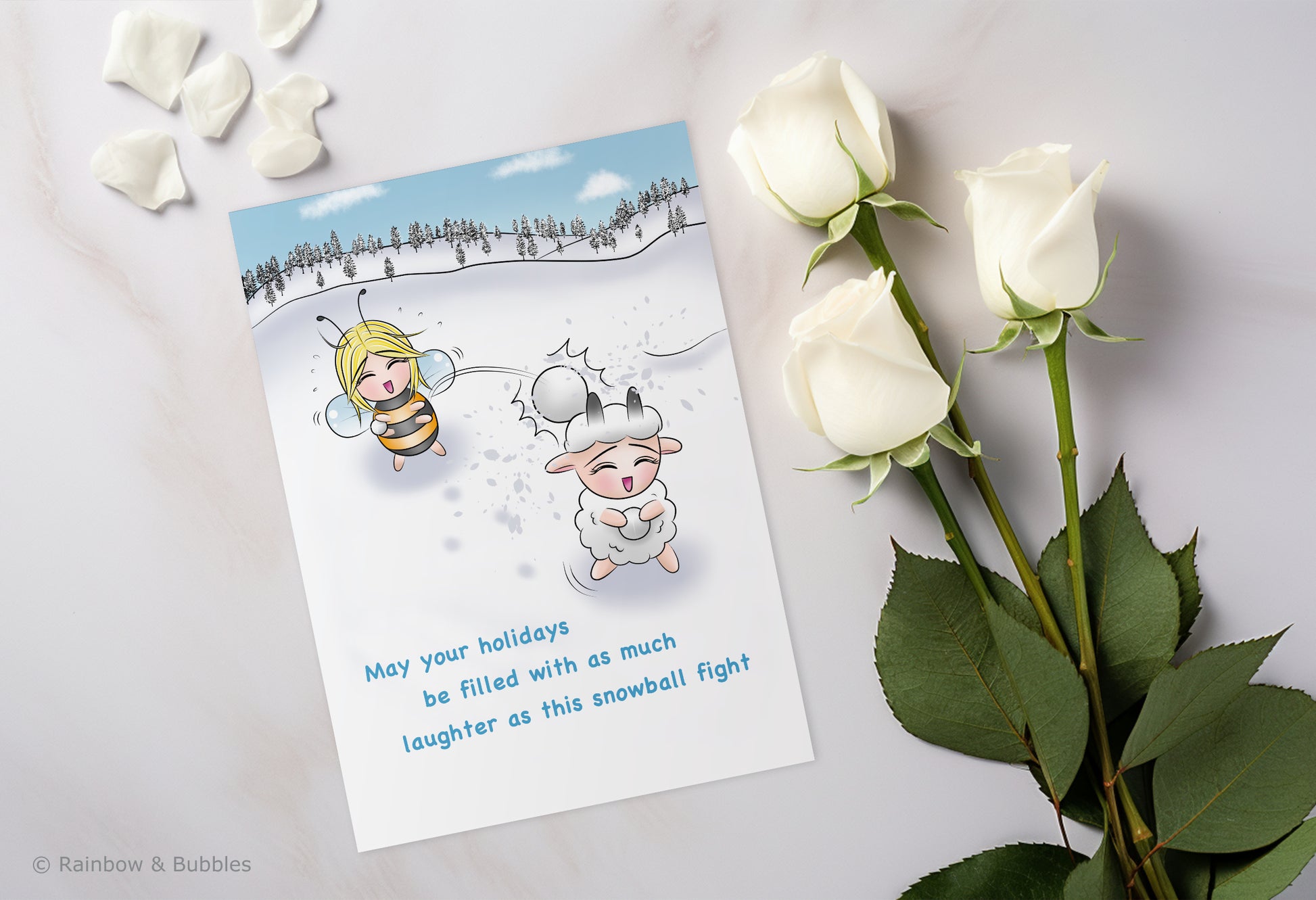 A kawaii greeting card from Rainbow & Bubbles, showing a bee and a sheep having a fun snowball fight.